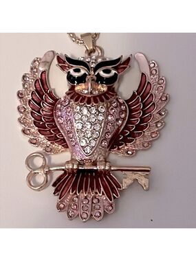 BETSEY JOHNSON RHINESTONE PINK OWL WITH SCISSORS NECKLACE.
